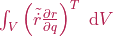 \int_{V} \left(\tilde{\dot{r}} \frac{\partial r}{\partial q}\right)^{T} \,\, \mathrm{d}V